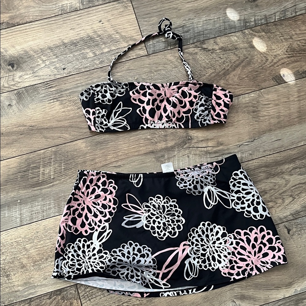 Garnet Hill Black and Pink Floral Bikini